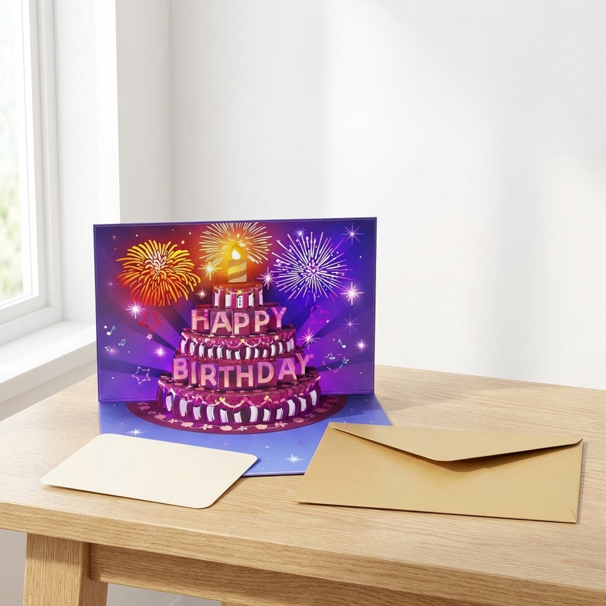 YYchan popupkaarten - 3D Pop-up Verjaardagskaart - met Muziek en LED Licht - Kleurrijk Vuurwerk en Taart - Inclusief Gele Envelop en Los Berichtkaartje - Chocolade verjaardagstaart