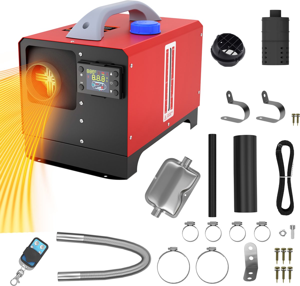 12V diesel standkachel 8kW diesel luchtverwarming met afstandsbediening, LCD-monitor en geluiddemper voor auto, vrachtwagen, camper, motorhome, boot, bus type E
