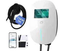 Puluomis - Wallbox EV Charger 11 kW - Smartcharge laadpaal met app - 7 meter kabel - Type 2 - 3-fase - 6–16A instelbaar - Wit