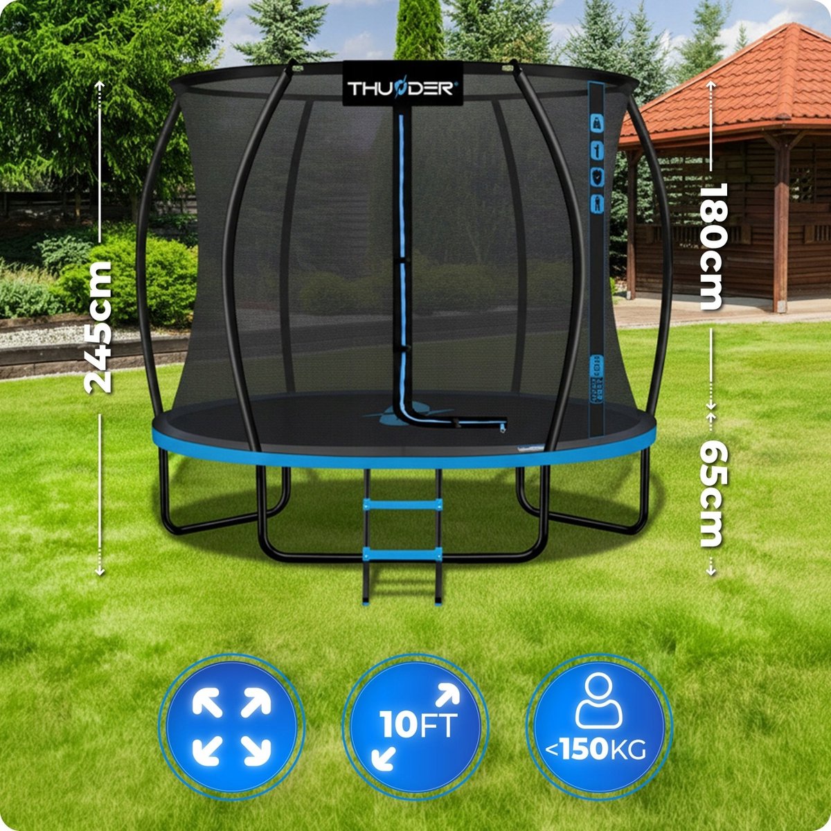 Thunder Trampoline 305 cm – Ronde Tuintrampoline – Max. 150 kg – Met Ladder – Blauw — afbeelding 4