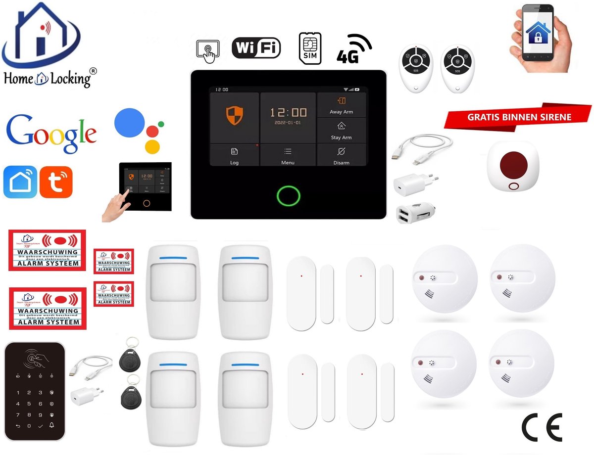 Draadloos alarmsysteem voor woning/camper/boot/caravan werkt met wifi en sim kaart en met spraakgestuurde apps. (Nederlands of Frans stem en tekst) ST01A-16