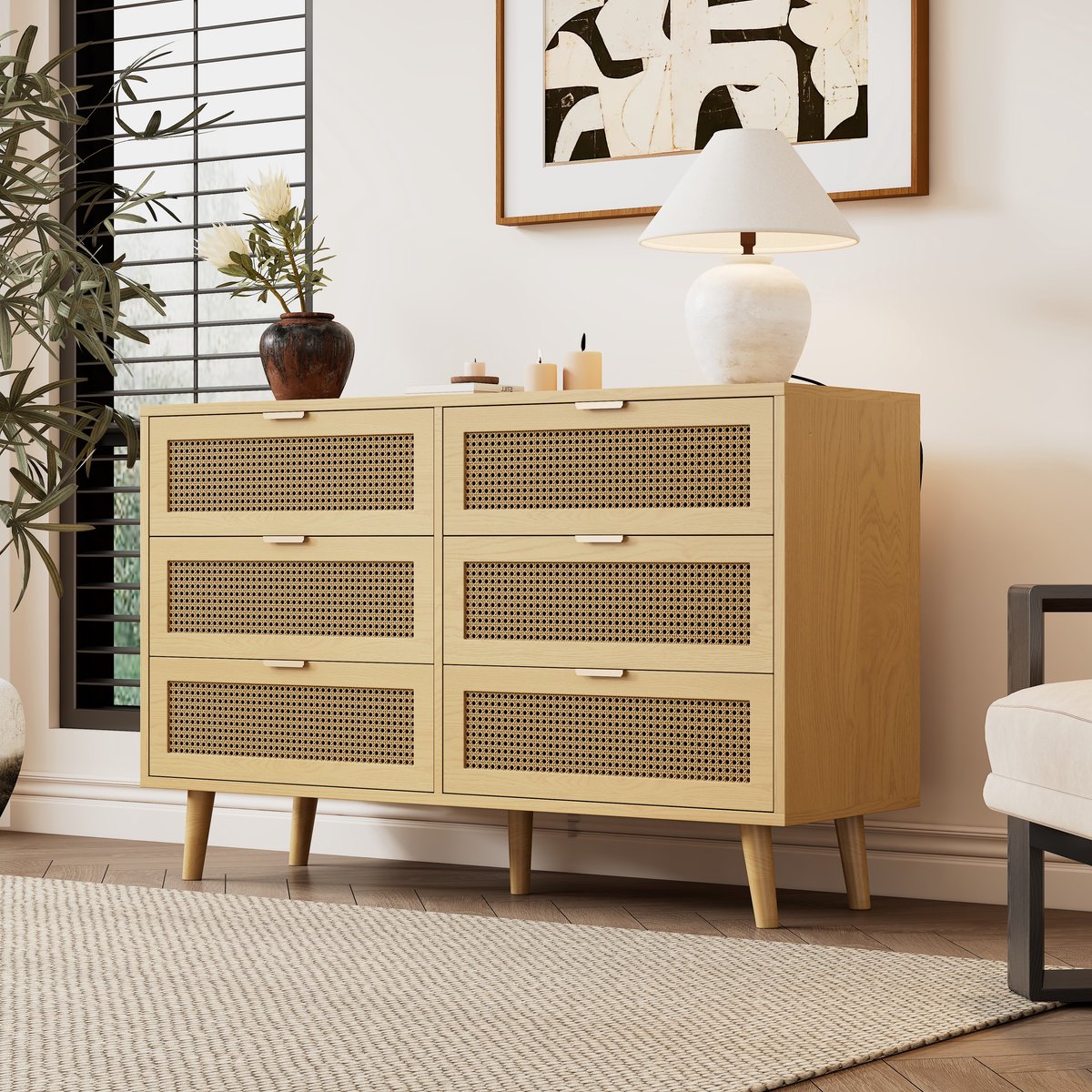 FloraGrace Ladekast - Retro Rotan Look Met 6 Lades En Metalen Grepen - Veel Opbergruimte Voor Slaapkamer En Woonkamer - Spaanplaat - Eiken - 120x40x76,5 Cm Naturel