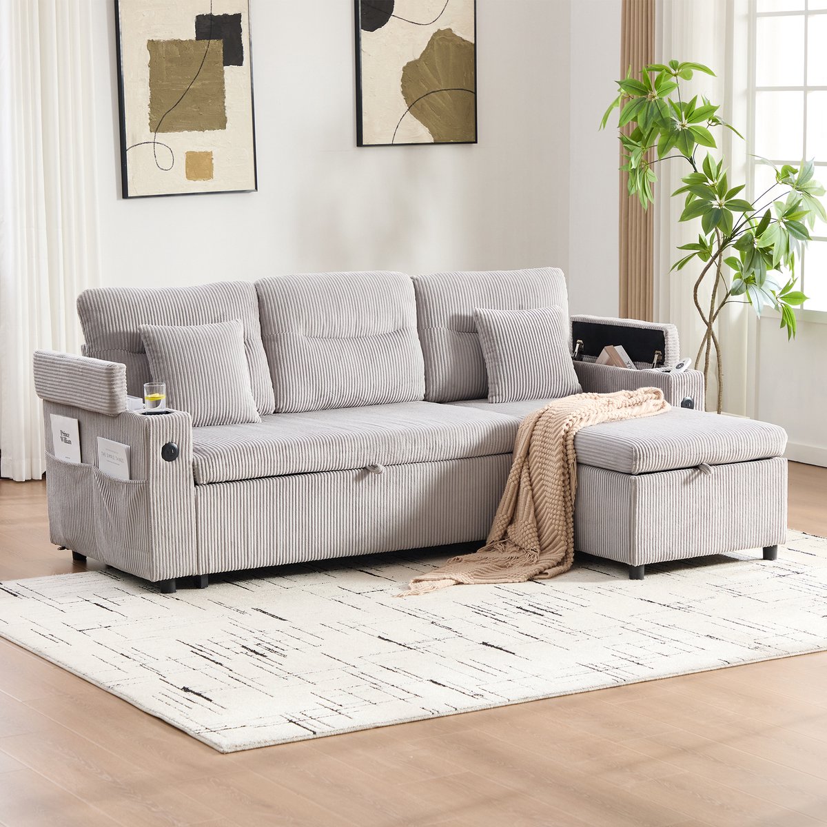 FloraGrace Slaapbank 212,5 X 136 X 86 Cm - 3 Zits Met Chaise Longue, Opbergruimte En Usb C - Woonkamer - Cord - Lichtgrijs