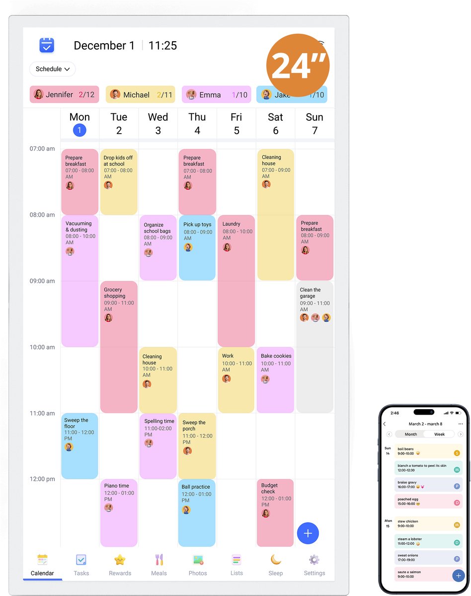EKASN 24 inch Digitale Agenda met Fotolijst – 1920×1080 FHD Interactief Touchscreen – Elektronische Gezinsplanner & Weekplanner – Geschikt voor Wand en Bureau – 32GB – Wit