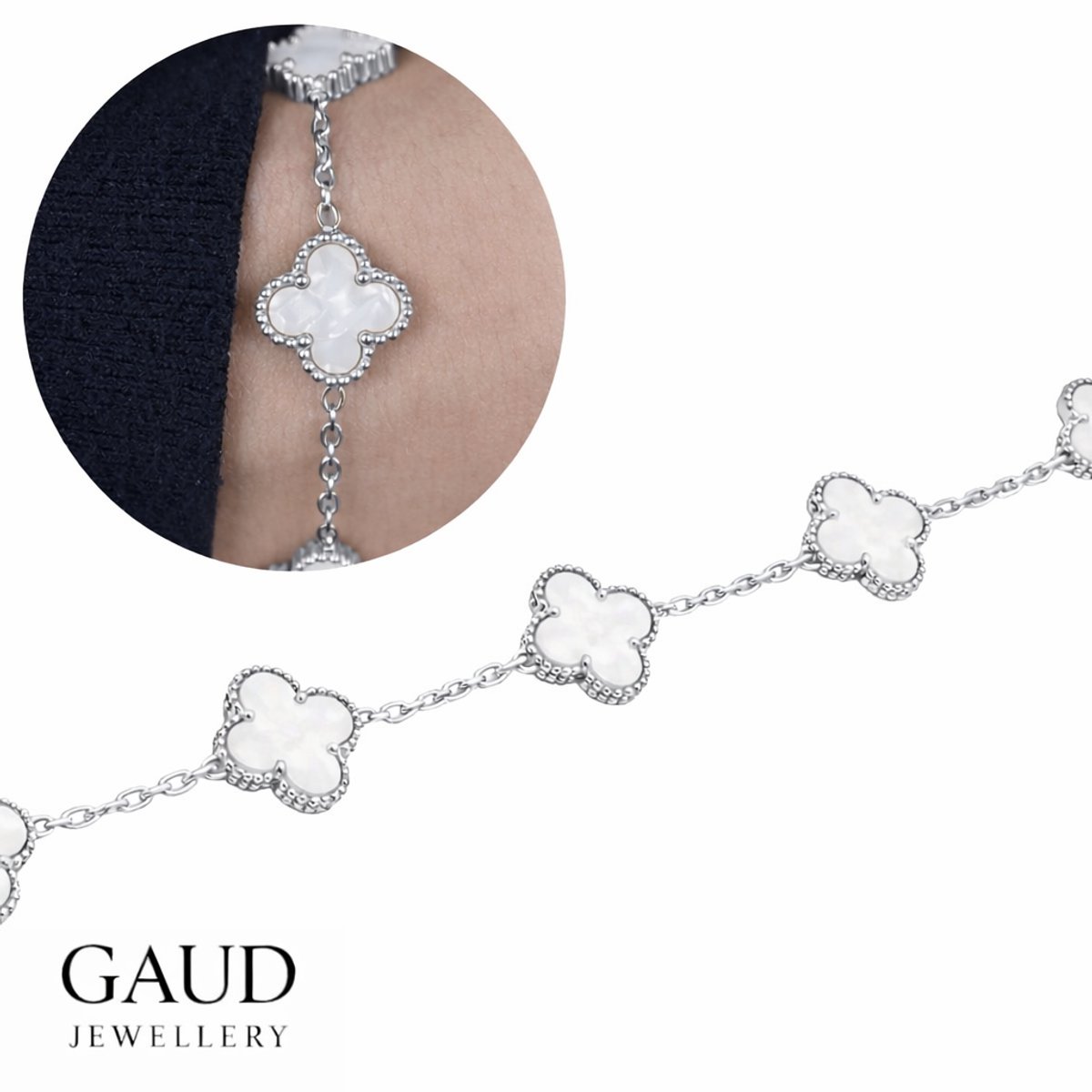 GAUD Klaver Armband Zilver – 5 Witte Klavers – 17 cm + 5 cm Verstelbaar – Hypoallergeen Stainless Steel – Dames Armband – Verkleurt Niet – Waterbestendig – Luxe Sieraad