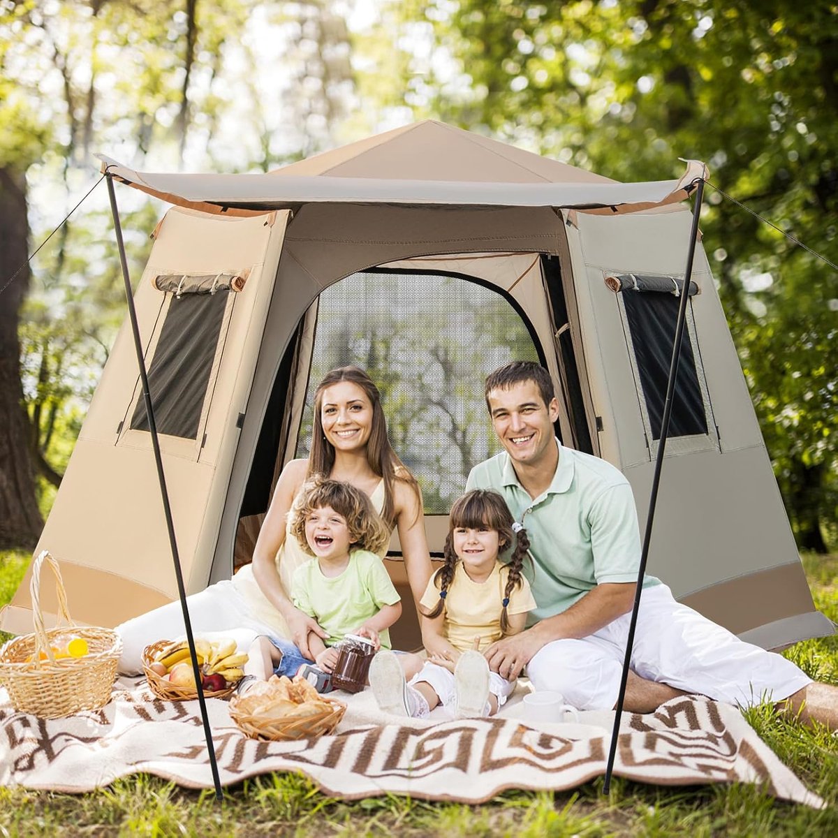 KOMFOTTEU Campingtent, waterdicht, voor 4-6 personen, automatische werptent met 2500 mm waterkolom, werptent met voortent, tas, 2 ingangen en 4 ramen, pop-uptent, onmiddellijke tent voor reizen en – foto 2