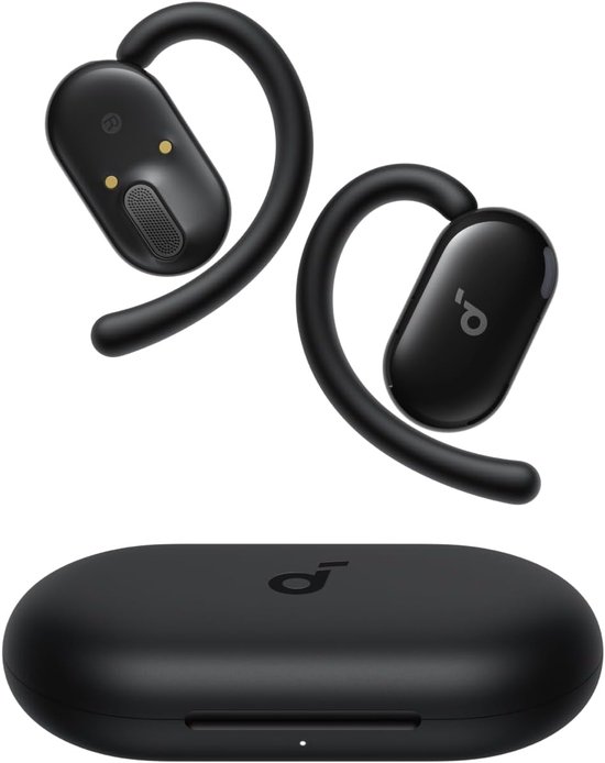 Twee zwarte open-ear oordopjes met oorhaken en een bijpassende zwarte oplaadcase.