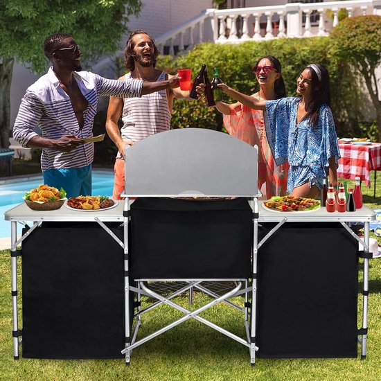 174x46x110cm Campingkeuken, Inklapbare Campingkast, Opvouwbaar Outdoor Keuken, Keukentafel met Werkbladen, Aluminium Keukenkast Set incl. Draagtas en Windscherm, NAIZY — afbeelding 4