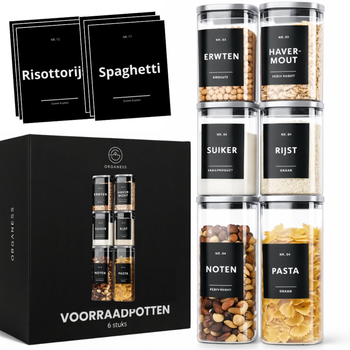 Organess Voorraadpotten RVS deksel - 6 Delige set - Glas met deksel - Snoeppot - Glazen voorraadpotten - 2x 1000ml & 4x 600ml