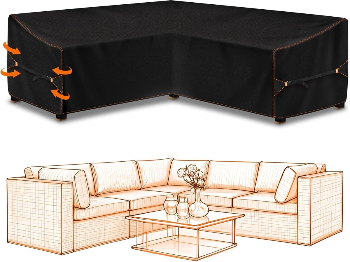 Famanu Tuinmeubelhoes - L-vorm - beschermhoes voor tuinmeubelen - waterdicht - winddicht - afdekzeil voor outdoor hoekbank - hoekloungegroep - loungemeubel - rechthoekige afdekhoes - 215 x 215 x 87 cm Zwart