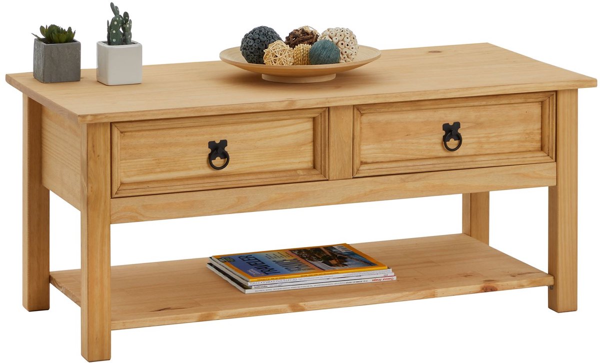 Salontafel TEQUILA massief grenen 2 laden gebeitst/gewaxt