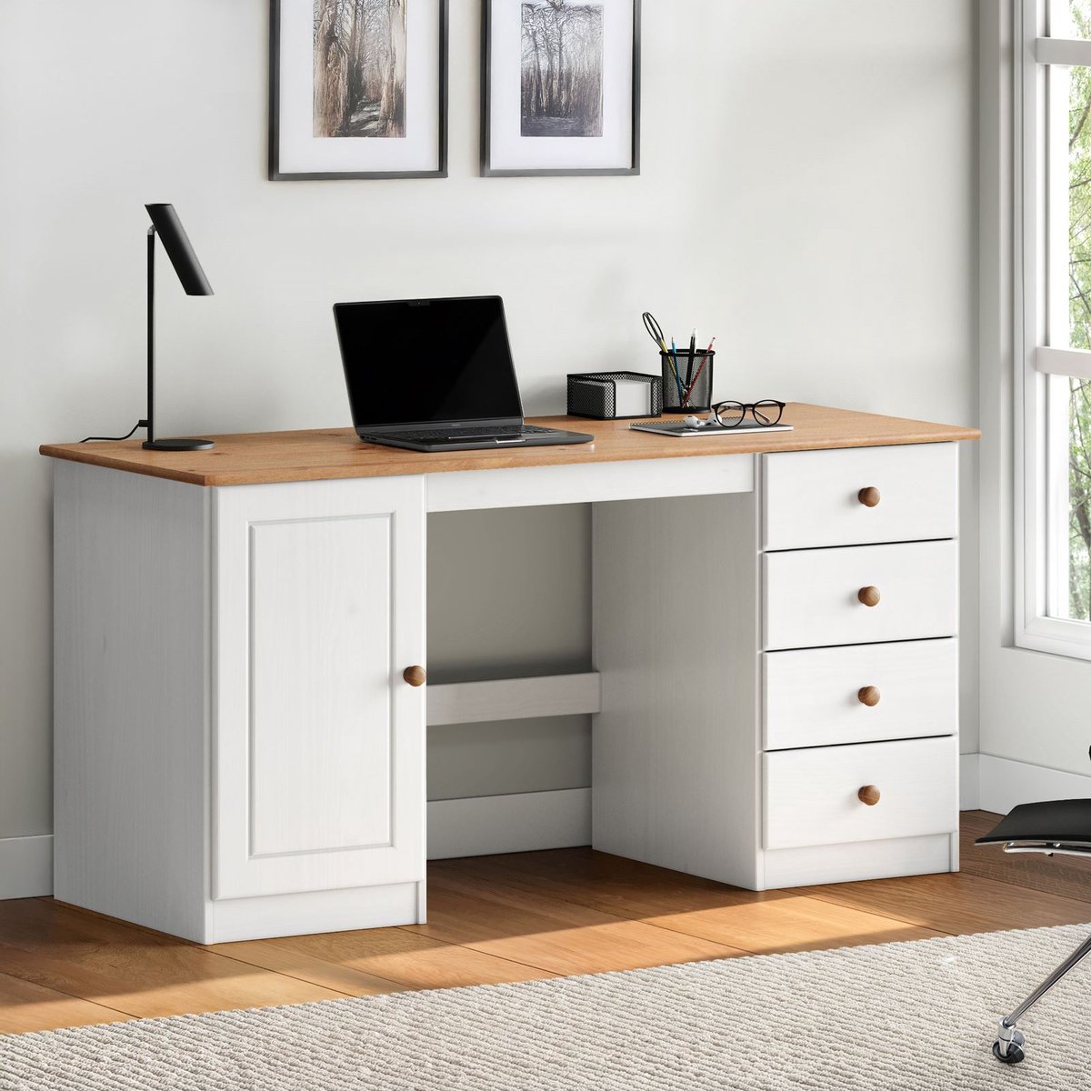MANAGER-bureau met 4 lades - Wit/eiken