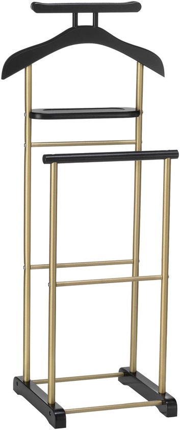 Kledingrek MEDINA met zwarte kleerhanger, broekhanger en opbergplank op een goudkleurig frame met zwarte voet.