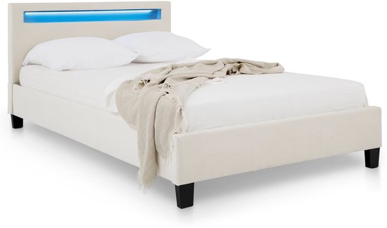 Lit rembourré LASHIO avec éclairage LED dans la tête de lit 120x200 cm, blanc crème - lit moderne avec revêtement en tissu velours, chambre de jeunesse - ambiente