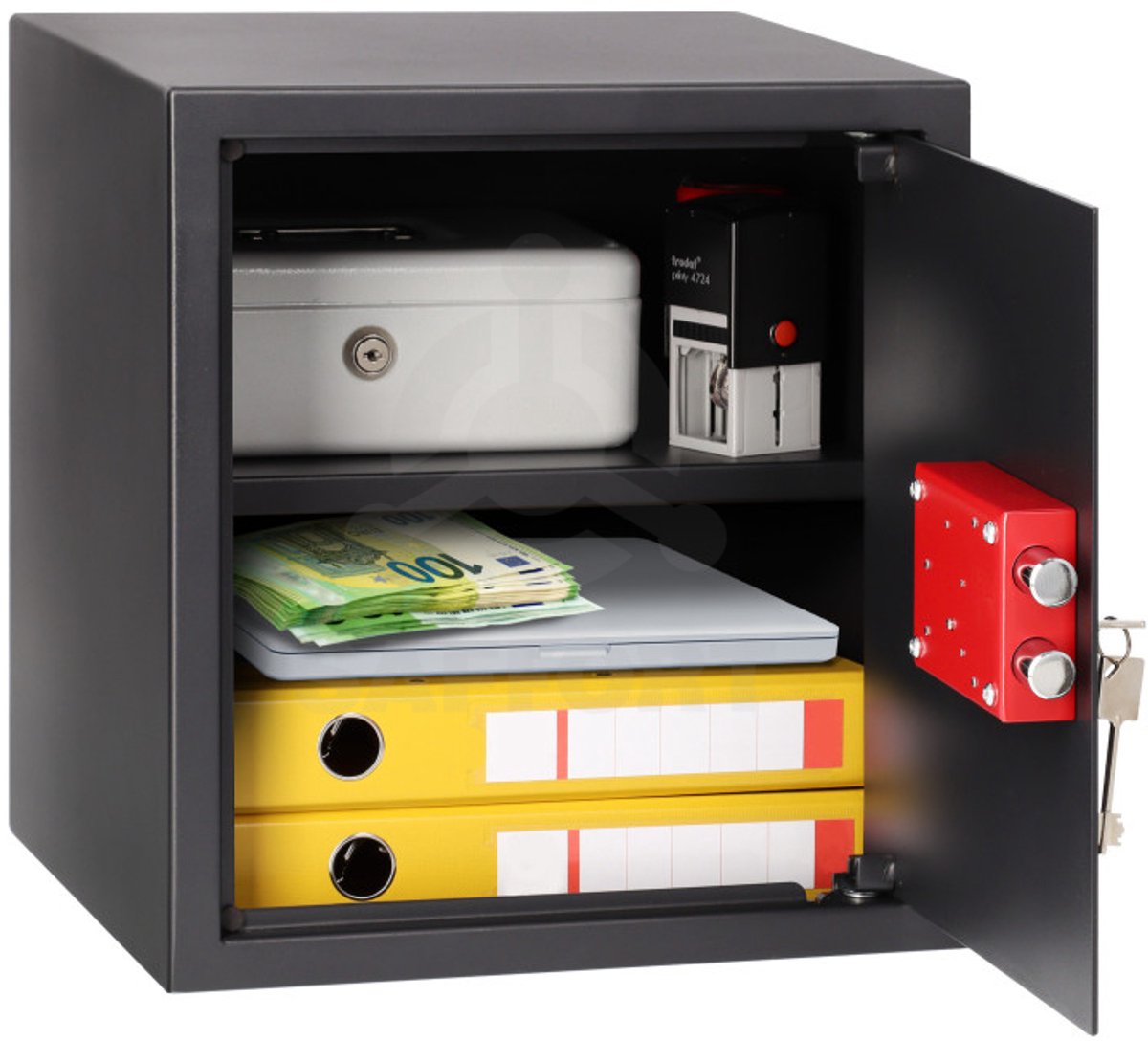 HomeSafe HV38K Hoge Meubelkluis met Sleutelslot 38cm Hoog 3mm Stalen Deur Zwart RAL 9005 Inclusief Legplank en Tapijt Mechanische Veiligheidskluis voor Documenten Geld en Sieraden met Montagebouten Extra Ruime Privékluis