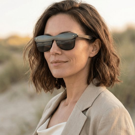 Lunettes de soleil sans monture FLAMENGO - Lunettes de soleil - Festival - Sport - Sports d'hiver - Plage - Lunettes de soleil de ski - UV400 - Polarisées - Convient aux femmes / hommes - Design élégant - Zwart avec pieds en bois - incl.