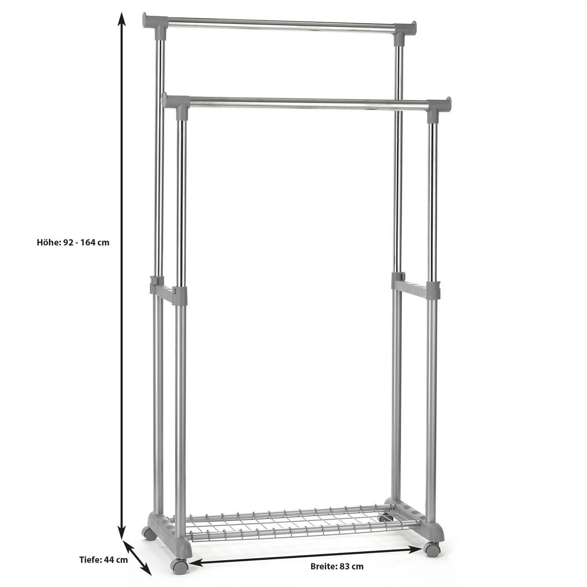 GROSSO garderobekast met 2 in hoogte verstelbare kledingstangen, 4 dubbele zwenkwielen, verchroomde metalen buis, hoogwaardige kunststof bekleding, incl. schoenenrek