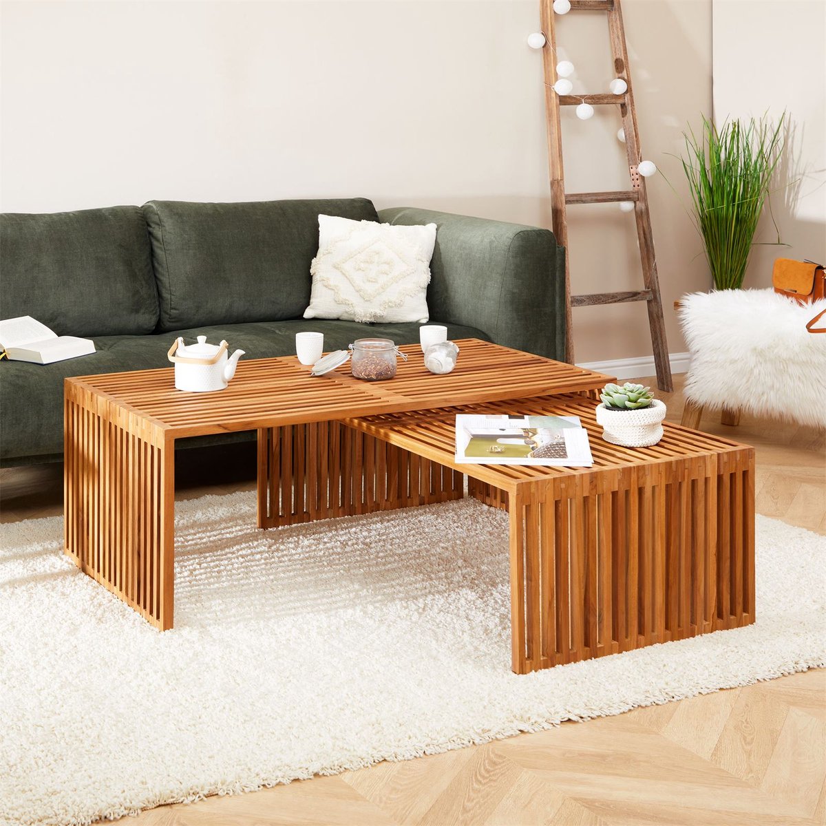 Salontafel HAVANA teak natuur rustiek design massief houten tafel lattenlook houten salontafel - Hoofdafbeelding