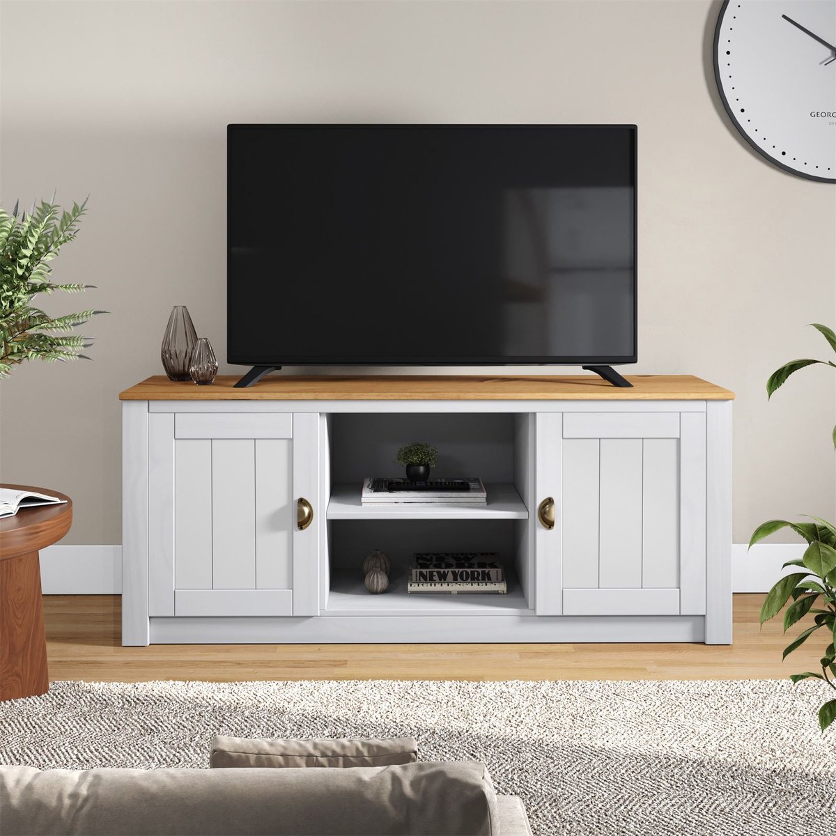 IDIMEX TV-lowboard BOLTON 140 cm met 2 deuren - wit/bruin