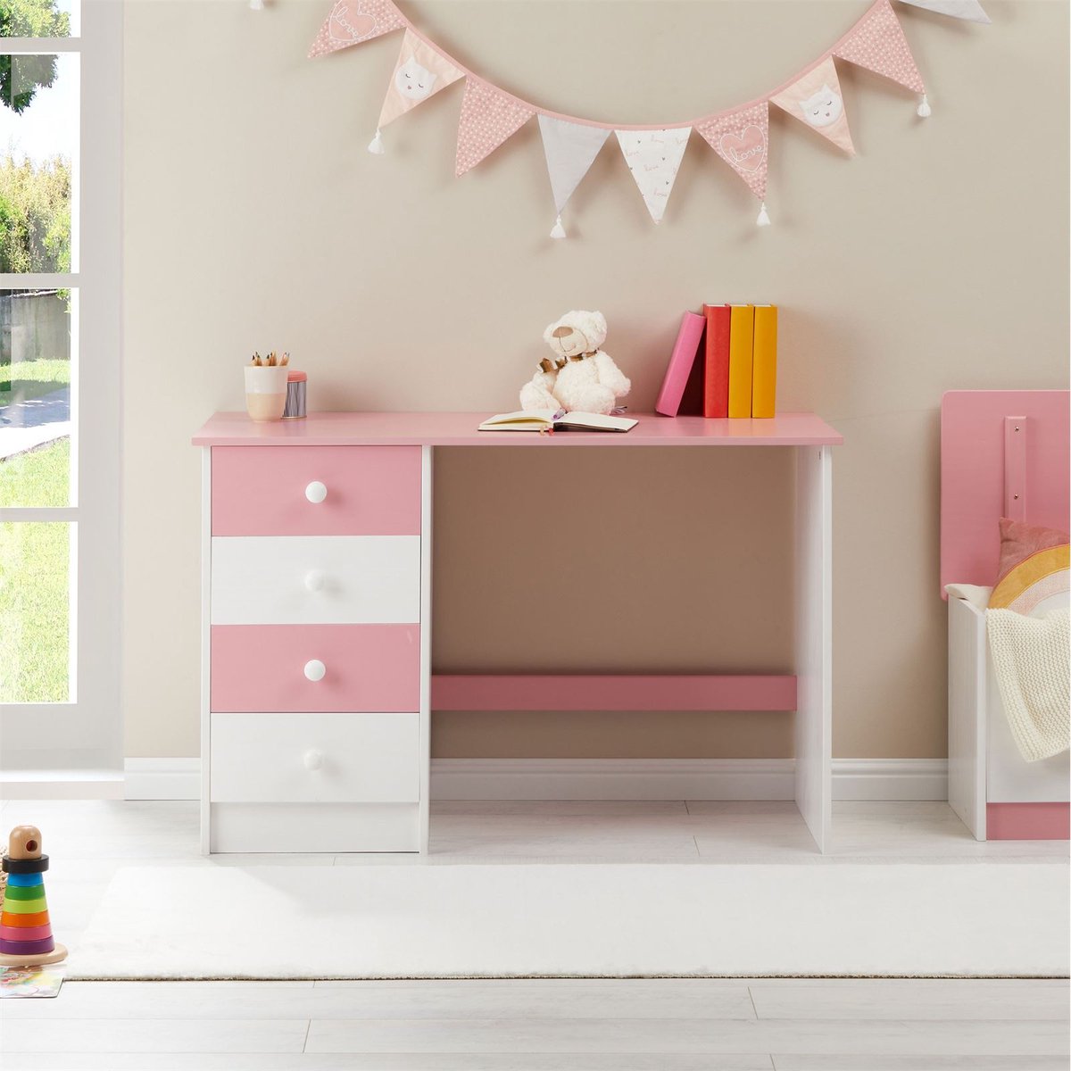 ARNE kinderbureau met 5 laden in wit/roze dennenhout