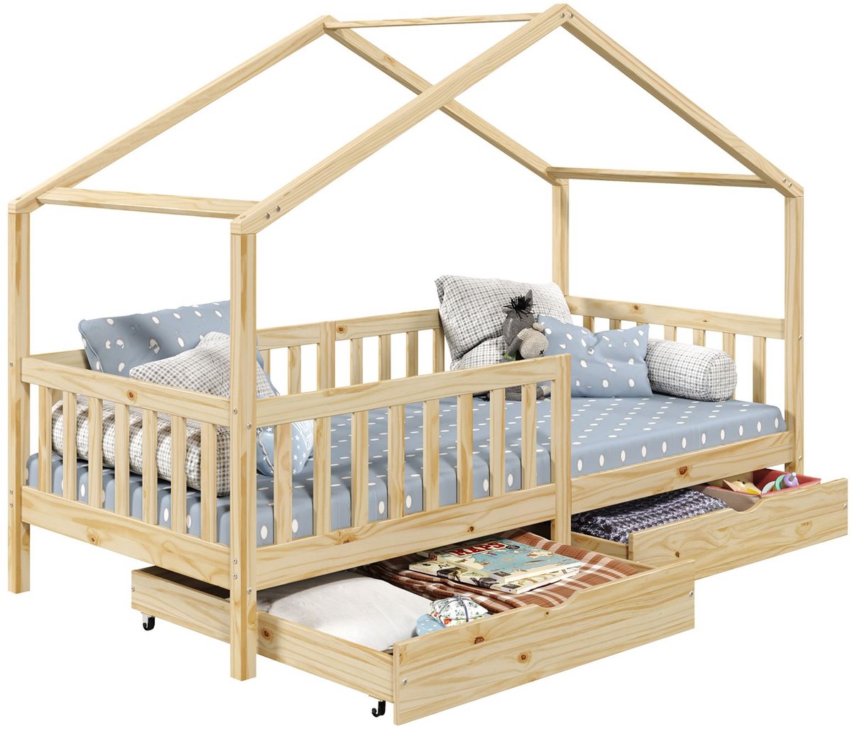 IDIMEX Huisbed ELEA, 90 x 200 cm, van massief grenenhout met lades - naturel natuur