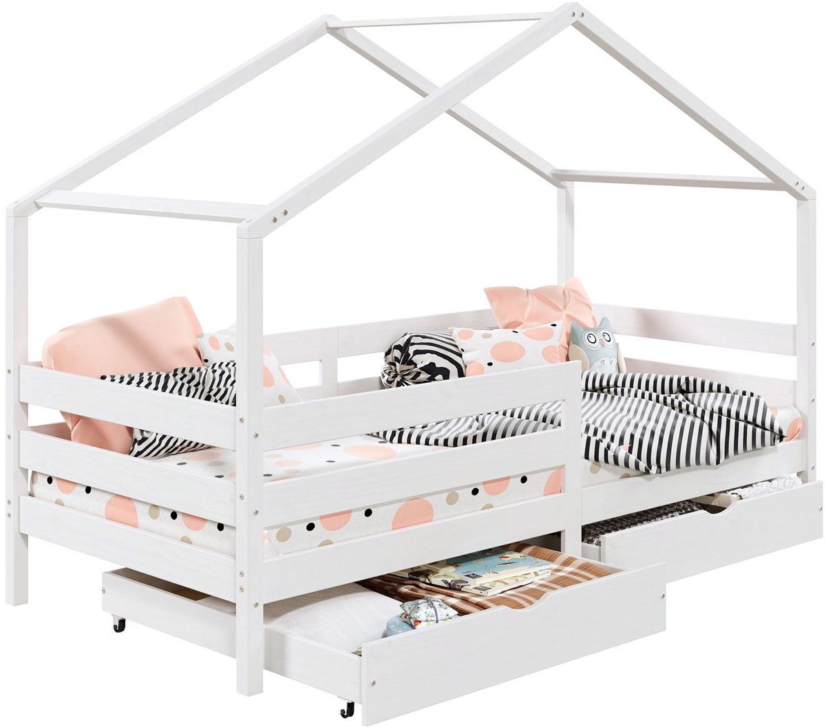 IDIMEX Huisbed ENA 90 x 200 cm met valbeveiliging en twee lades - Wit