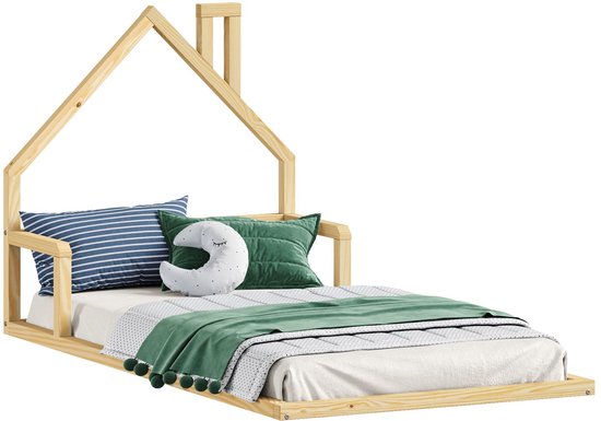 Lit au sol ELOA avec toit de maison 90x200 cm naturel pin massif, lit enfant Montessori, meubles Montessori - photo principale