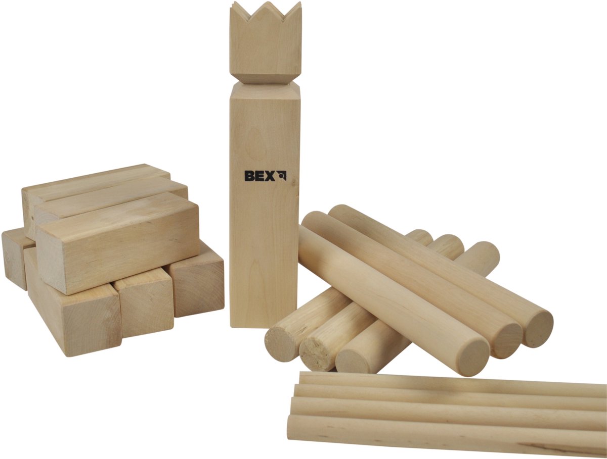 Bex Kubb Family – Zweeds Vikingschaak – Duurzaam Buitenspel – FSC Berkenhout – Koning Met Houtkleurige Kroon – Vanaf 8 Jaar – Inclusief Opbergnet Met Trekkoord — afbeelding 2