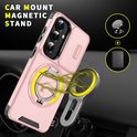 Roze telefoonhoes met ringstandaard en magnetische autohouder.