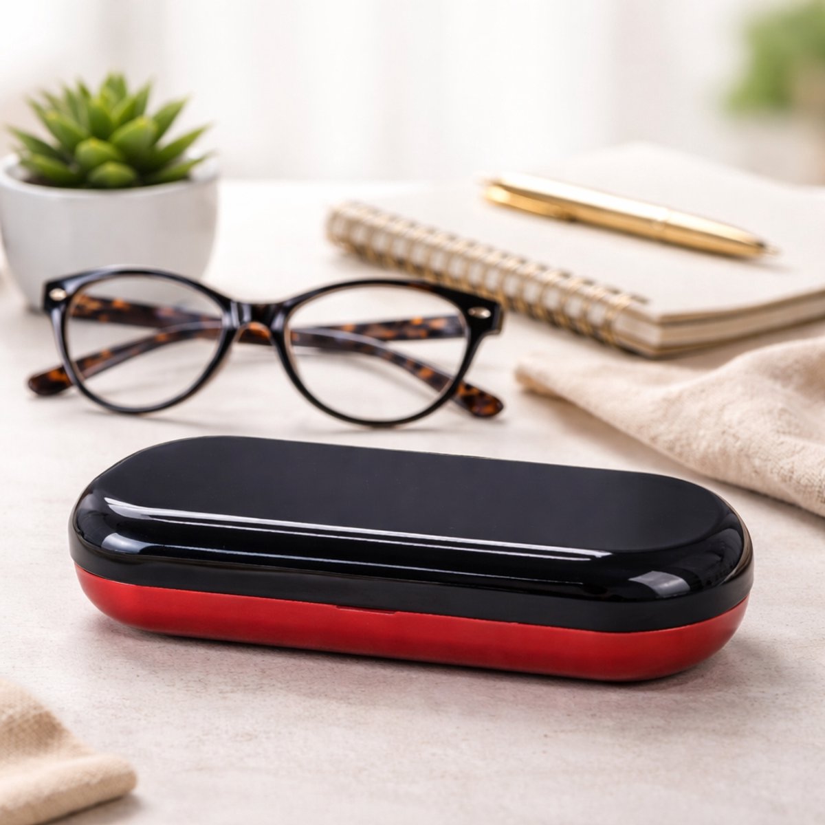 Metalen brillenkoker / glanzend, tweekleurig design, donkerblauw donkerrood / cadeau voor dames en heren / Aland optiek