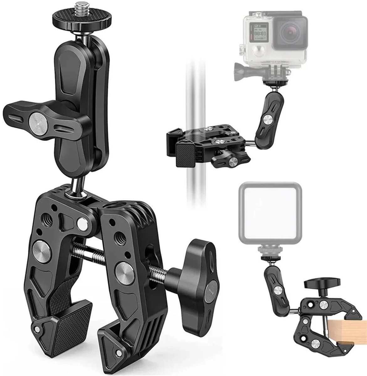WiseGoods Premium Super Clamp Cameraklem Met 360° - Magic Arm & Dubbele Kogelkop Voor Camera - Met LED Verlichting - Zwart