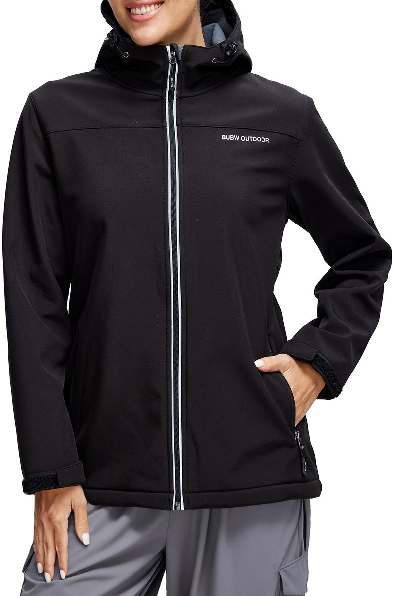 BUBW® Dames Outdoorjas Softshell Jas Waterdicht & Winddicht 100% waterdicht 8.000mm Ademend 1.000gsm Windjack Warme Fleece Voering Met Capuchon Zwart