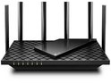 Zwarte router met geometrisch patroon, zes antennes en een glanzend middendeel.