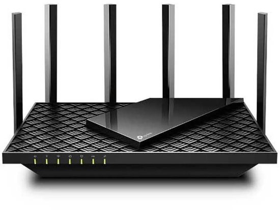 Zwarte router met geometrisch patroon, zes antennes en een glanzend middendeel.