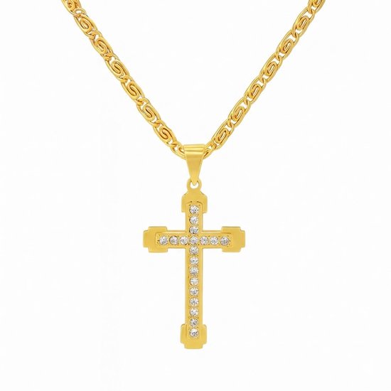 Gouden kruishanger met transparante stenen aan een gouden schakelketting, geïsoleerd op een witte achtergrond.