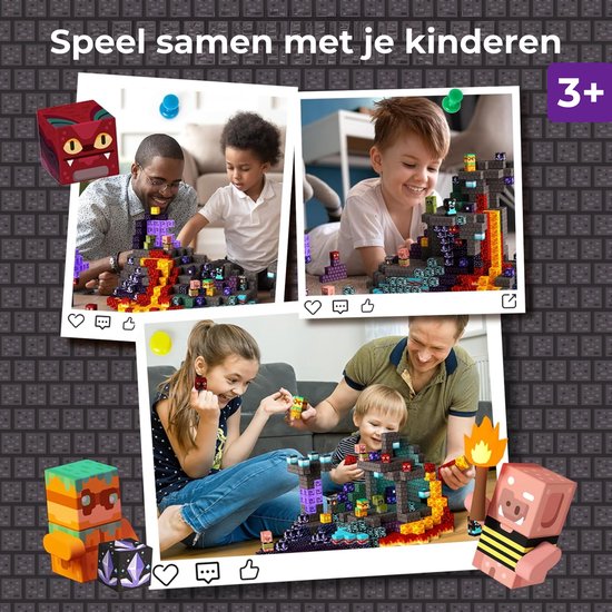 Collage van gezinnen die spelen met magnetische bouwstenen, met Minecraft-achtige wezentjes en structuren.