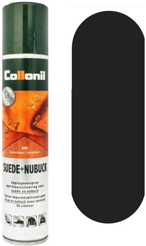 Collonil SUEDE+NUBUCK spuitbus, kleurloos/incolore, naast een zwart vlak.