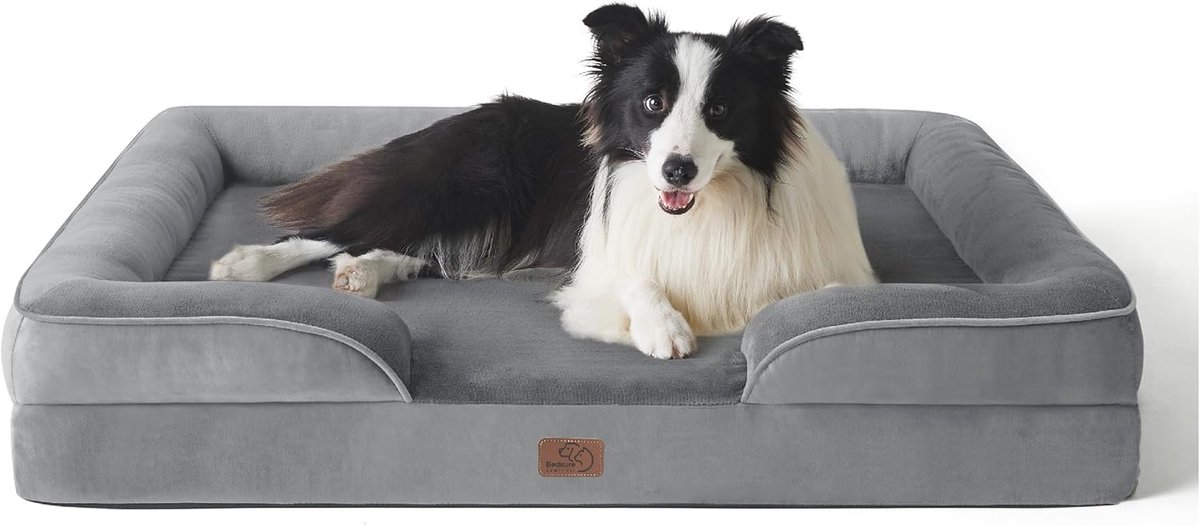 MELVRA Orthopedisch Hondenbed - Ergonomische Hondenbank - 89x63 cm - Maat L - Eivormig Kratschuim - Wasbaar & Antislip - Grijs - Hondenmand Middelgrote Honden