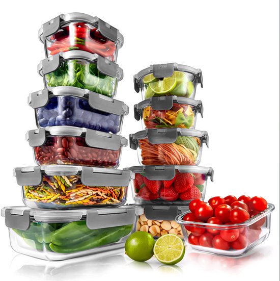 NutriChef Boîtes de Conservation en Verre – Ensemble 12 pièces avec 12 couvercles hermétiques Convient pour les collations, les fruits et le stockage des aliments – Résistant au micro-ondes, au congélateur et au lave-vaisselle - Grijs