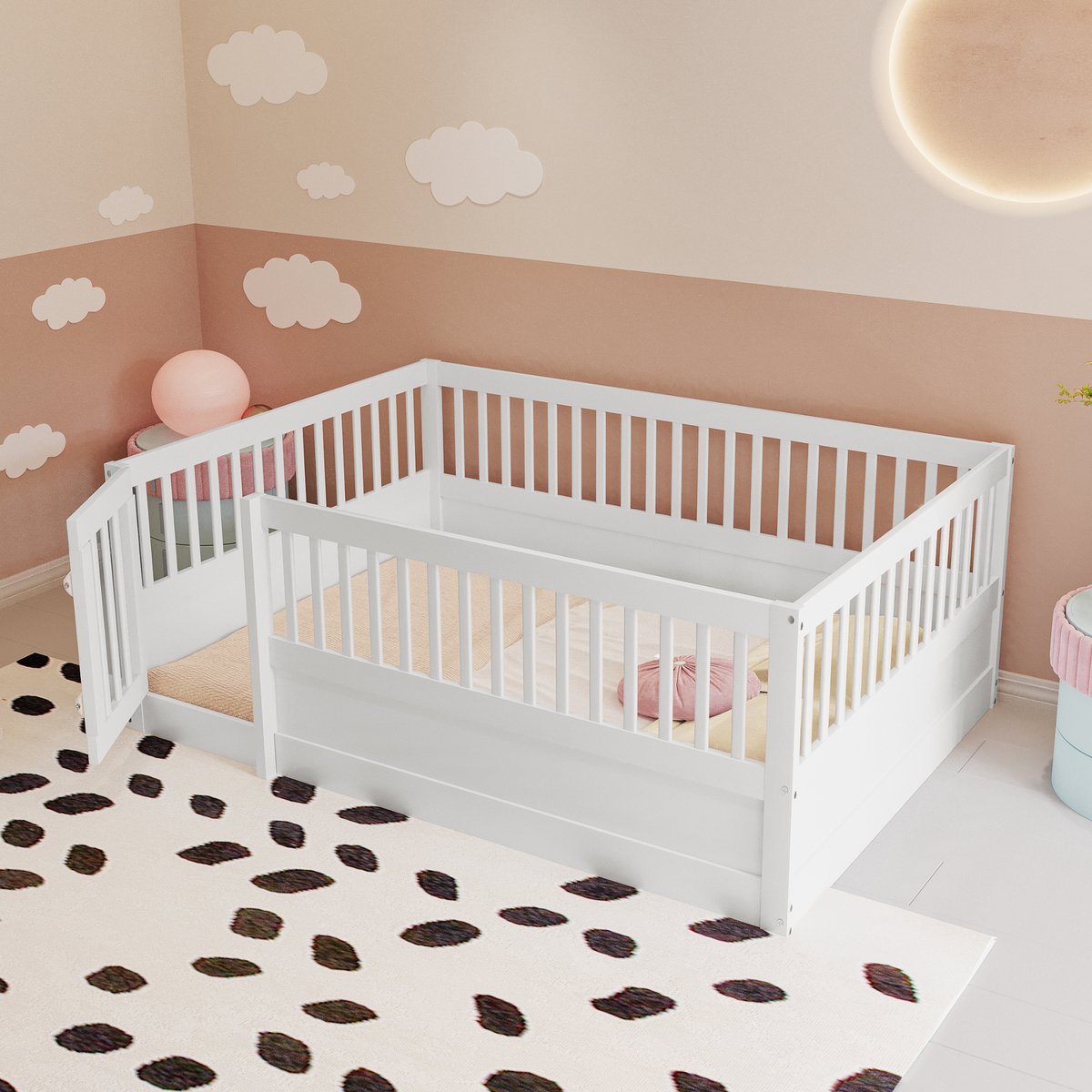 Wishdor Vloerbed 140x200 cm – Hekwerk 60 cm & Deurtje – Open Row Ontwerp – Massief Grenenh
