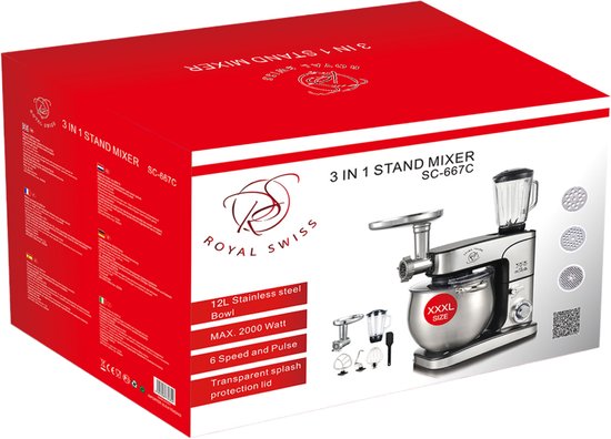 Royal Swiss Multifunctionele Keukenrobot 12L met Blender en Vleesmolen - 3-in-1 Krachtige Keukenmachine 2000W - Silver - Foodprocessor - Met Accessoires van Merkloos — afbeelding 4