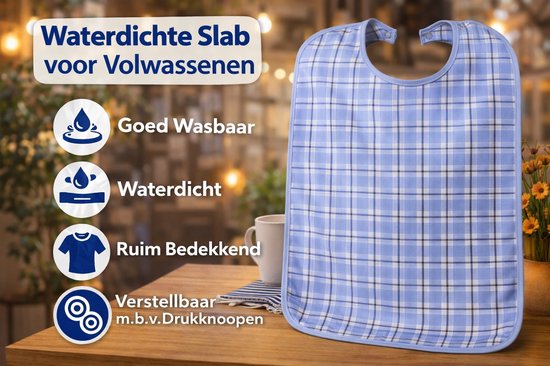 Waterdichte slab voor volwassenen met een lichtblauwe ruitenprint. Wasbaar en verstelbaar met drukkopen. Bedekt ruim.