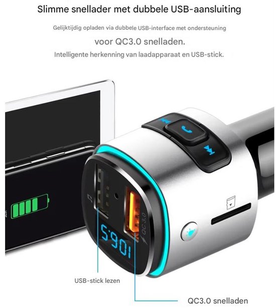 Zilverkleurige Bluetooth FM-zender met twee USB-poorten, 'USB-stick lezen' en 'QC 3.0 snelladen'.