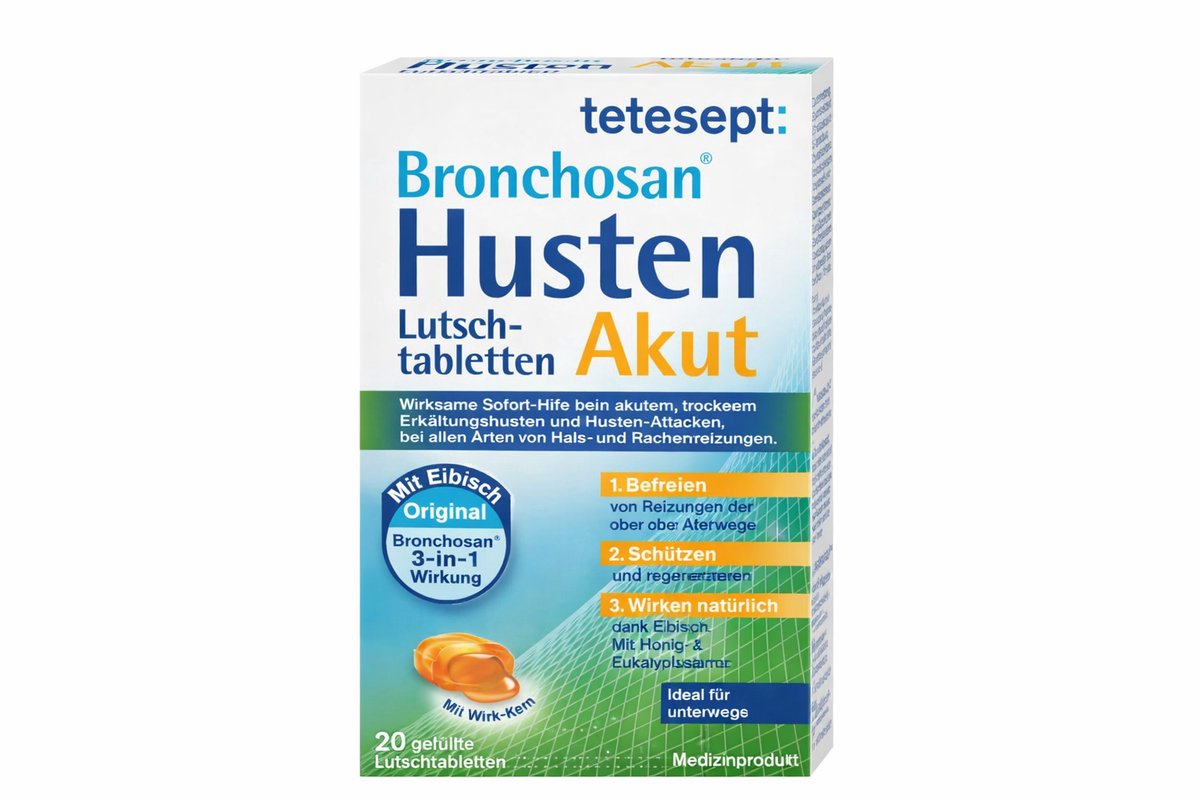 Bronchosan Hoest Zuigtabletten Tetesept 20 stuks – Kruidige Keelpastilles met Honing & Eucalyptus – Verlicht Acute Hoest & Keelpijn – Gluten- & Lactosevrij