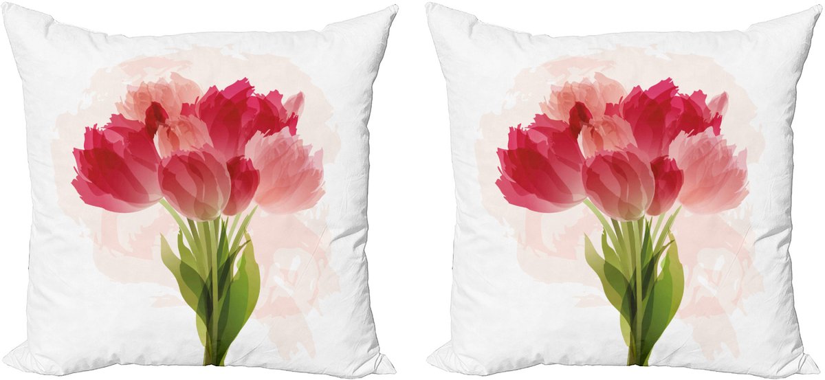 ABAKUHAUS Decoratieve kussenhoezen met bloemenmotief (2 stuks), aquarel tulpenboeket, 40x40 cm, roze koraalgroen