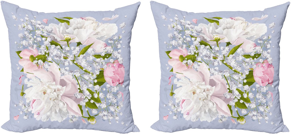 ABAKUHAUS Decoratieve kussenhoezen met bloemenmotief, 2 stuks, Bruidspioenblader 60x60 cm, Licht hemelsblauw