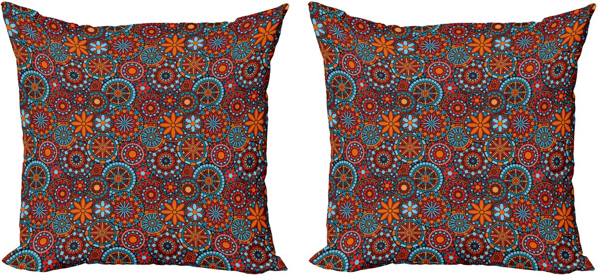 ABAKUHAUS Mandala Decoratieve Kussenhoes, Set van 2, Bloem 50x50 cm, Vermiljo Hemelsblauw, Robijnrood