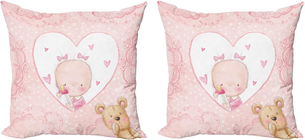 ABAKUHAUS Decoratieve kussenhoezen voor kinder set van 2, meisje baby teddybeer, 40x40 cm, lichtroze en zandbruin