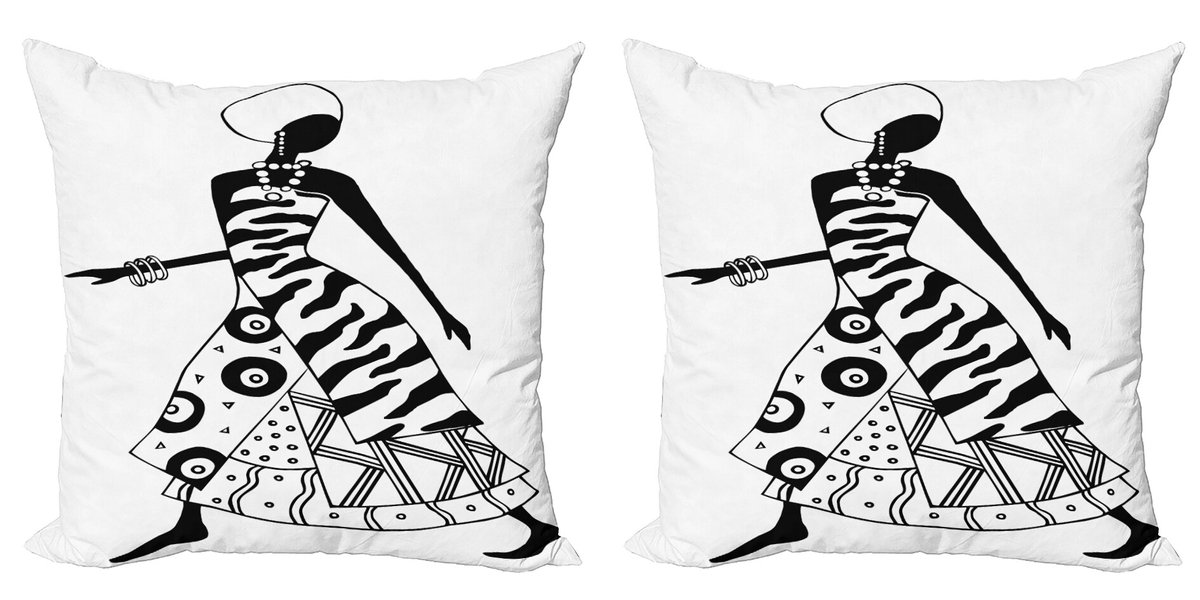 ABAKUHAUS Decoratieve kussenhoezen met Afrikaanse vrouwmotief (2 stuks), inheems tribaal design, 40x40 cm, zwart-wit