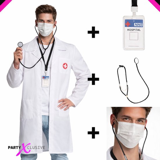 Partyxclusive 4-Delig Doktersjas Kostuum Heren Jas/Mondmasker/Stethoscoop/Keykord Lange Mouw Kostuum Heren Carnavalskleding Heren - Polyester - Wit - L/XL